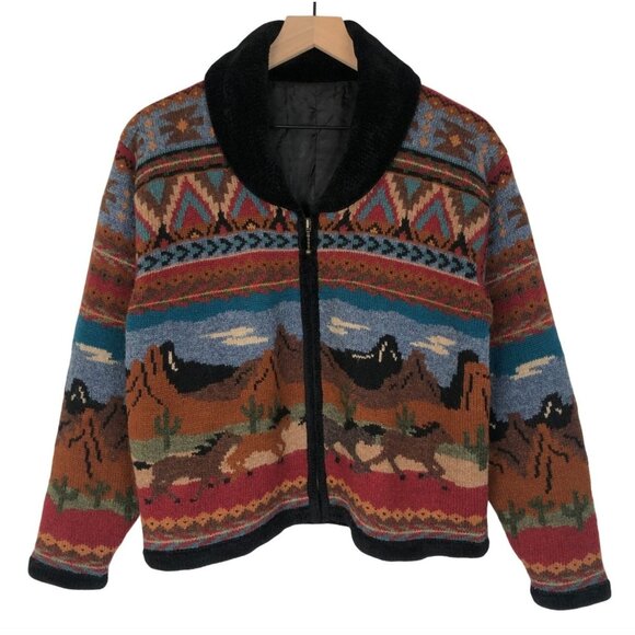 Icelandic Southwestern Horse Print Wool-Blend Sweater Cardigan Zip Jacket Size M - Picture 1 of 8